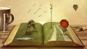 illustration livre ouvert paysage avec chien enfant au parapluie rouge