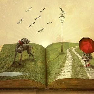 illustration livre ouvert paysage avec chien enfant au parapluie rouge