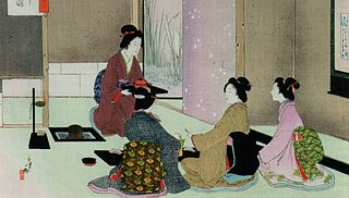 estampe japonaise représentant une cérémonie du thé