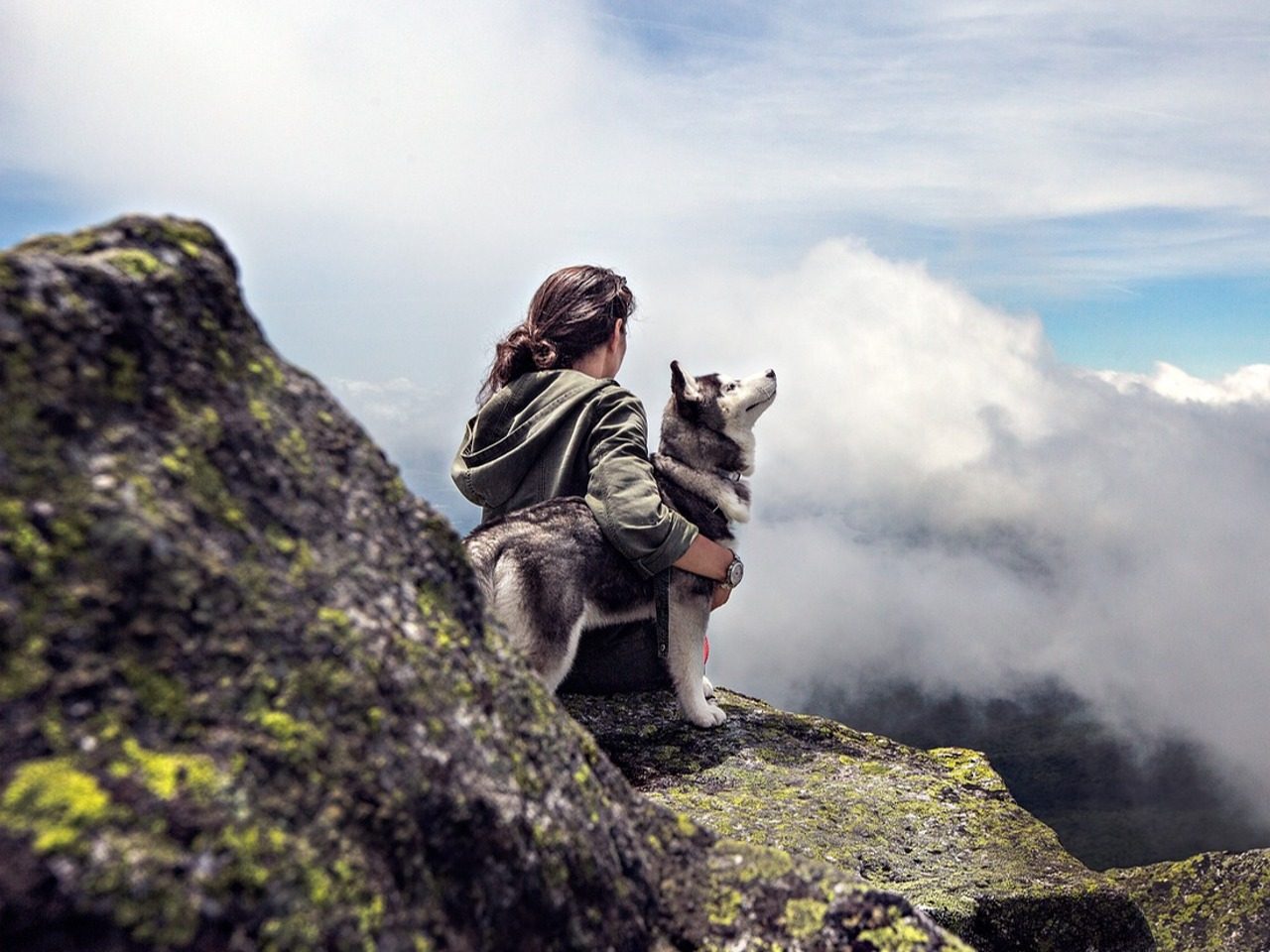 Image d'une femme en haut d'une montagne avec un chien