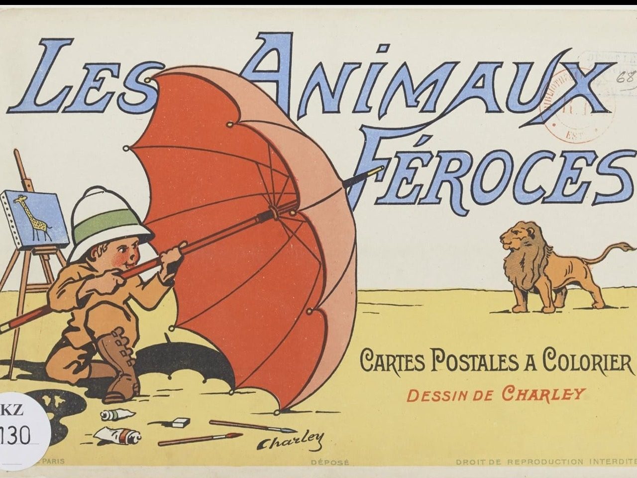 Dessin de Charley représentant un petit garçon se protégeant d'un lion par un parapluie, collections Gallica, BnF