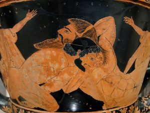 Combat d'Héraklès et Antée sur un vase grec, ocre sur fond noir