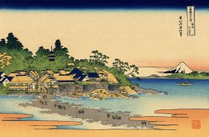 estampe japonaise représentant un village au bord de l'eau