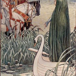 Le roi Arthur demande l'épée Excalibur à la Dame du Lac.(Gravure)