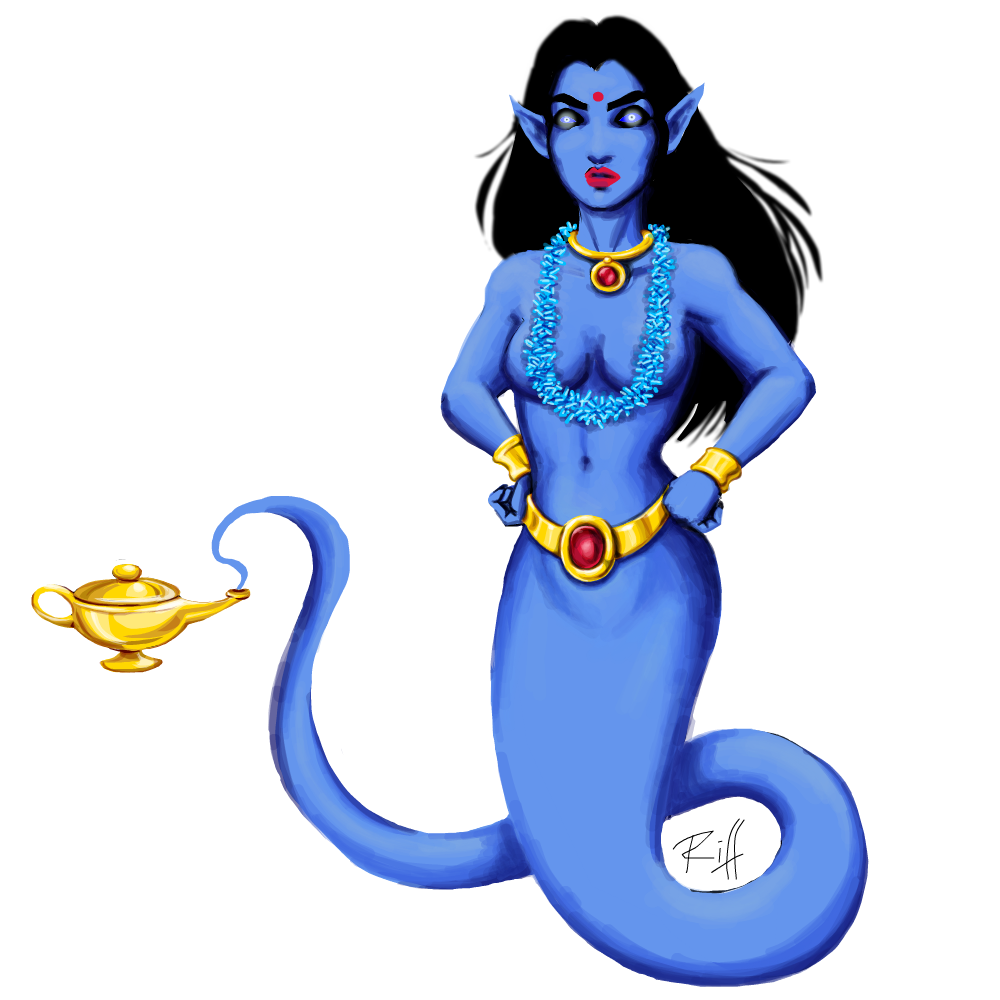 dessin d'un djinn féminin bleu