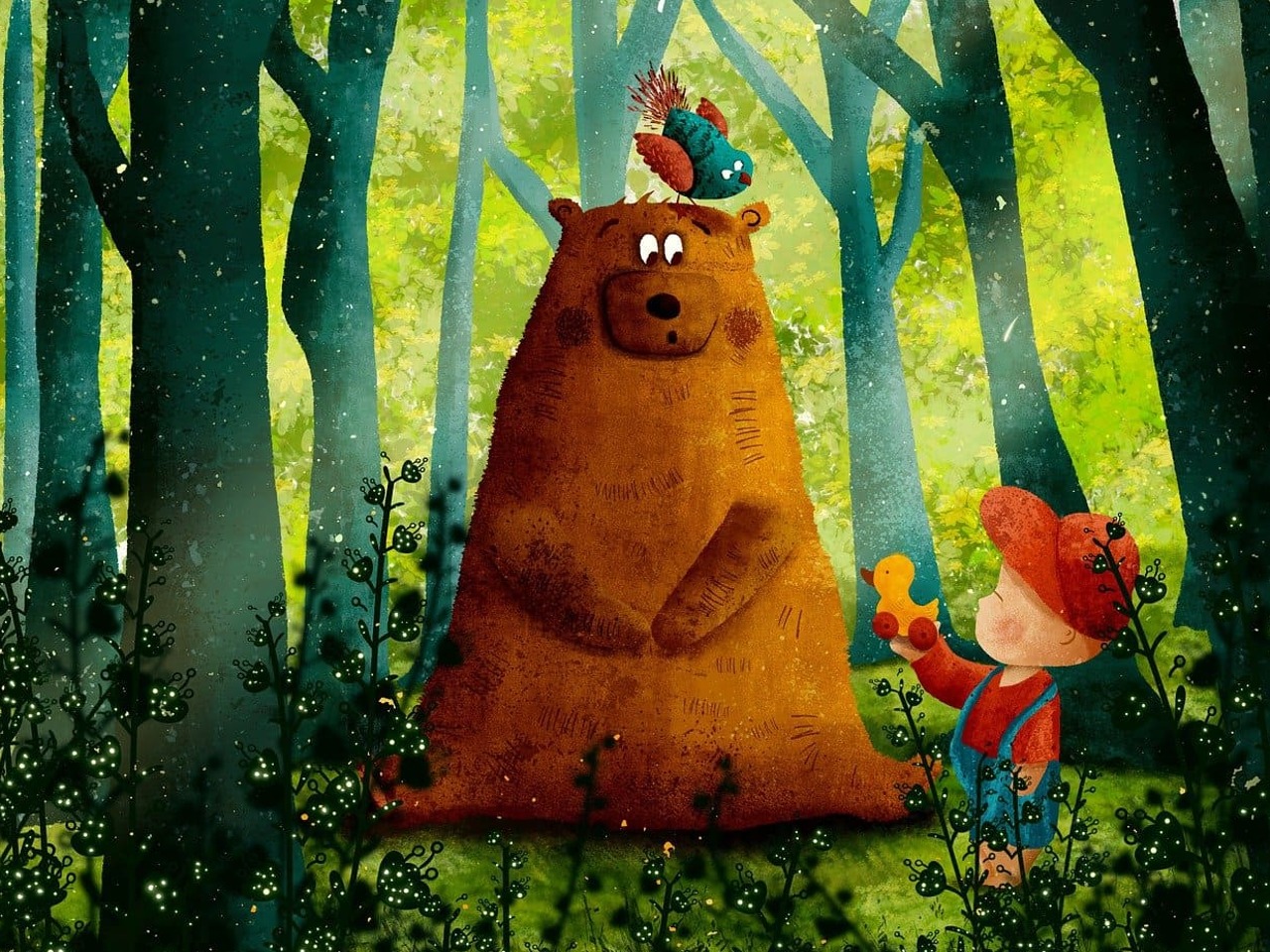 Illustration d'un ours et d'un enfant dans une forêt avec des oiseaux.