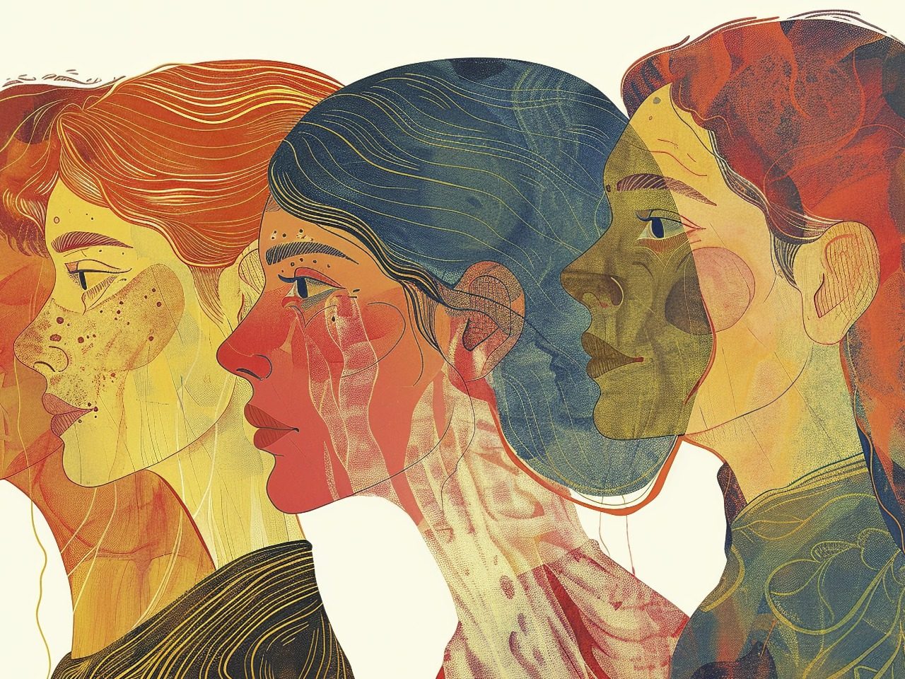 Dessin de trois visages de femmes vus de profil.