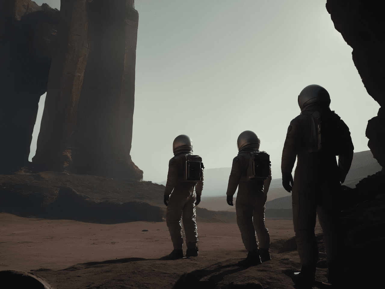 Paysage désertique avec des trois astronautes.
