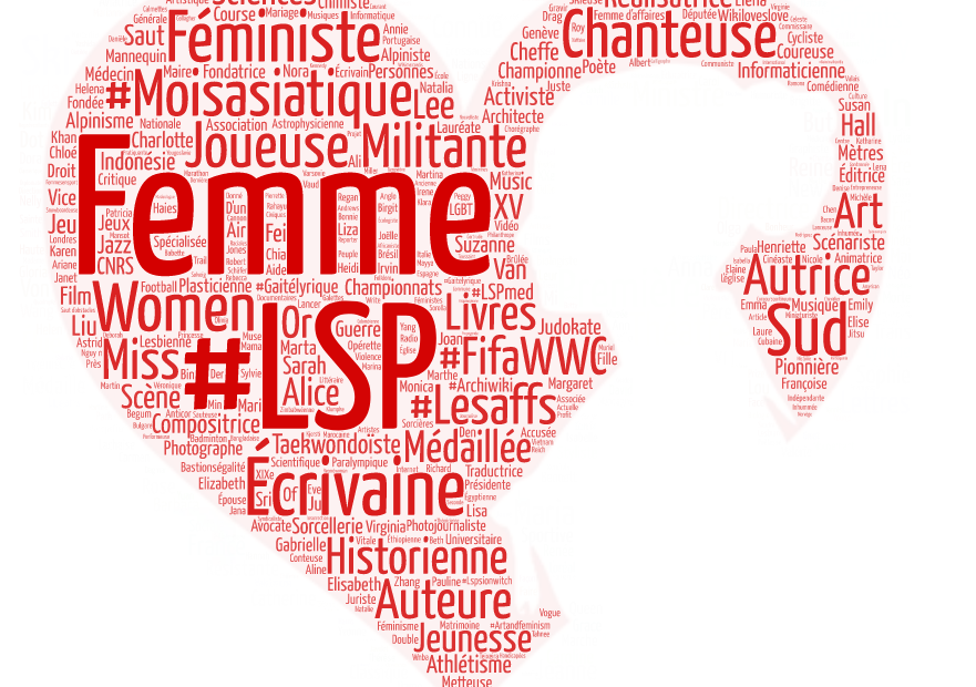 Cœur contenant une silhouette de femme, réalisé avec des mots-clés tirés de la liste des articles récents et améliorés en 2019 par le projet Les sans pagEs.