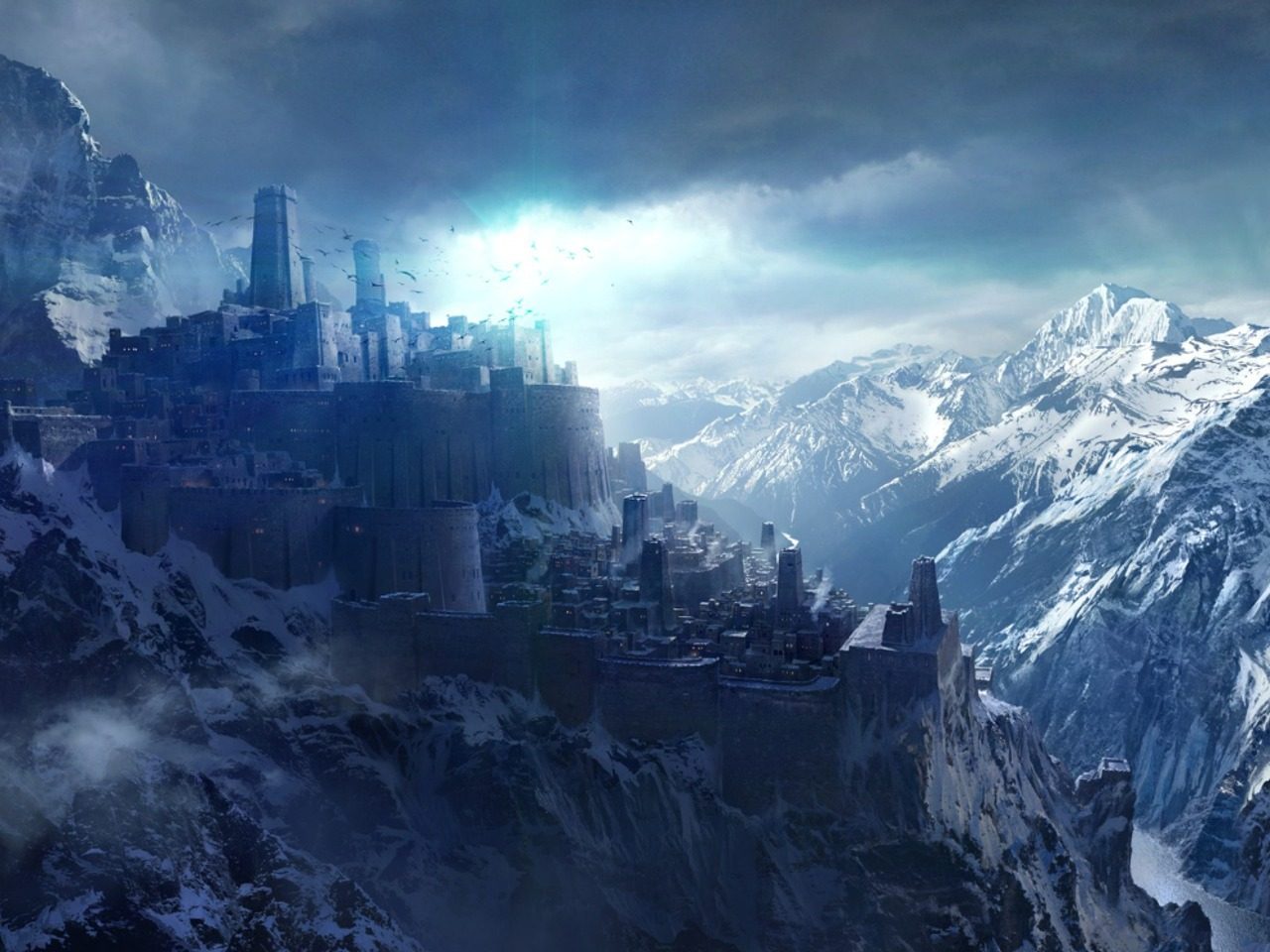 Paysage de fantasy avec montagnes enneigées et forteresse