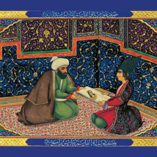 Image dessinée par Sani ol-Molk du sultan assis face à un autre personnage, l'un passant à l'autre une feuille sur laquelle est représentée une femme