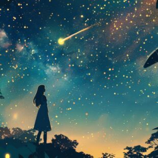 Dessin d'une fille qui se tient devant un ciel étoilé, une étoile filante passe.