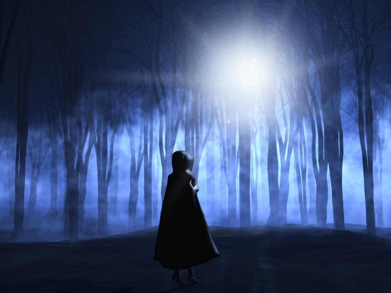Image de fantasy, silhouette de femme sous une cape au plus profond d'un bois
