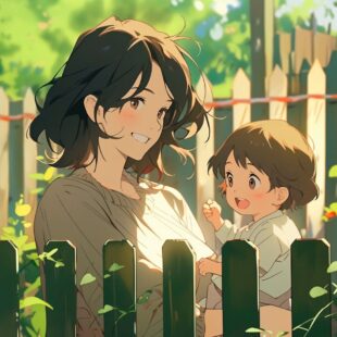 Une mère et son enfant dans un jardin, dessin style animé.