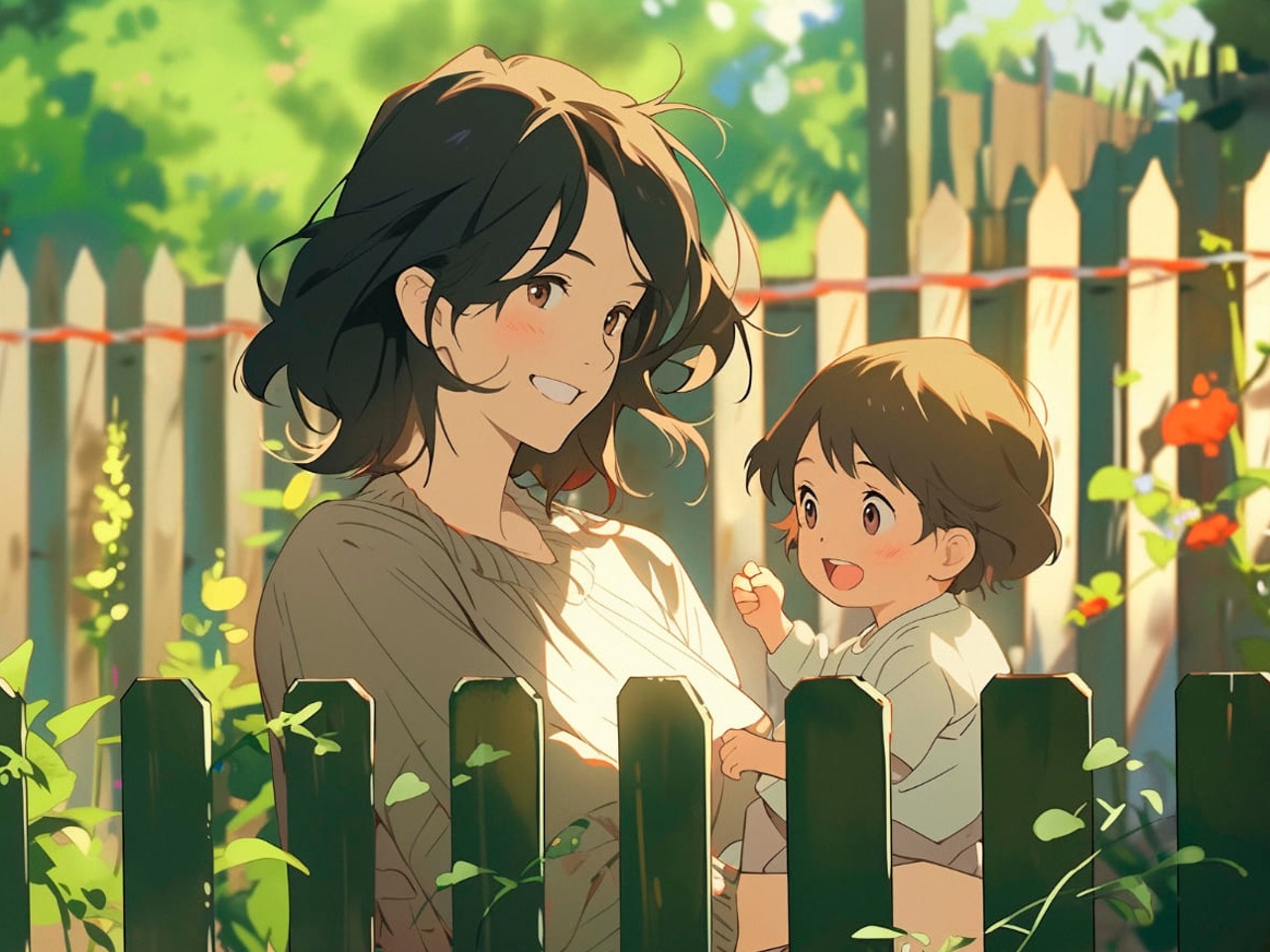 Une mère et son enfant dans un jardin, dessin style animé.