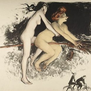 Lithographie d'un tandem de sorcières nues sur un balai