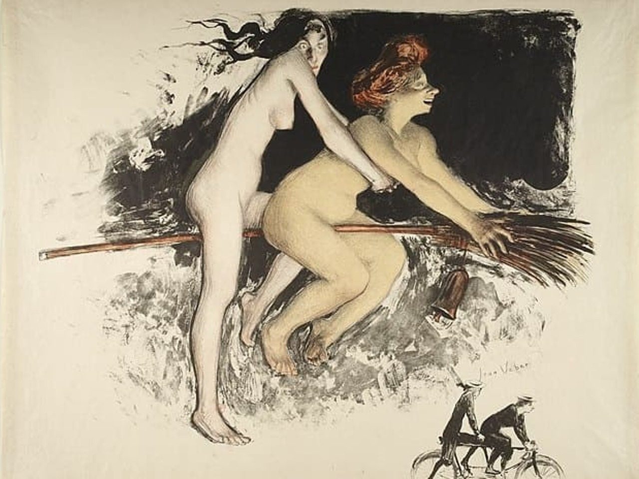 Lithographie d'un tandem de sorcières nues sur un balai