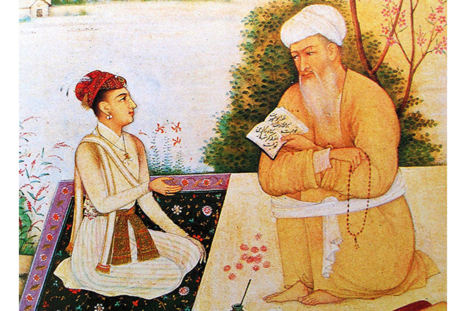 Gravure d'un prince moghol avec le maître et saint soufi Mian Mir vers 1630.