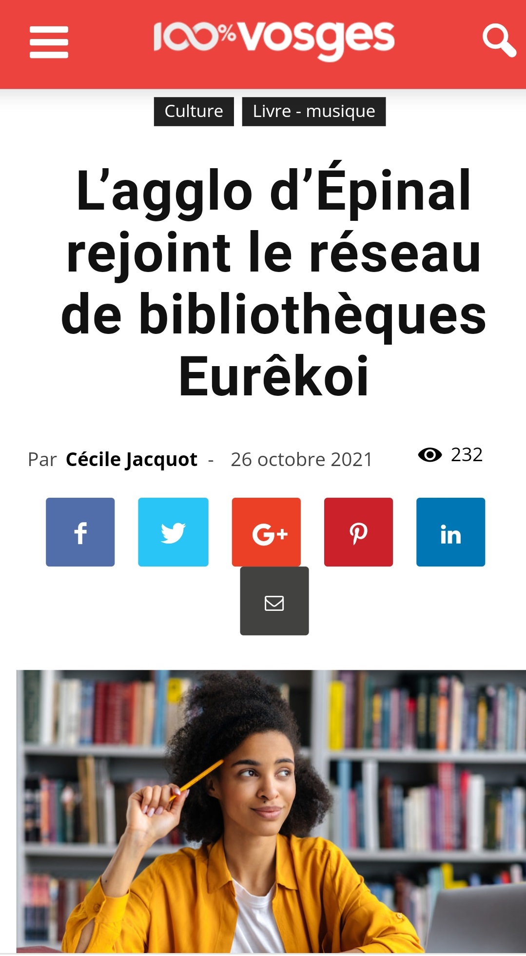 Article sur le média 100% Vosges annonçant : L'agglo d'Épinal rejoint le réseau de bibliothèques Eurêkoi