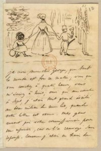 Lettre et dessin d’Alfred de Musset, extraite du recueil numérisé par la BnF, dans Gallica.