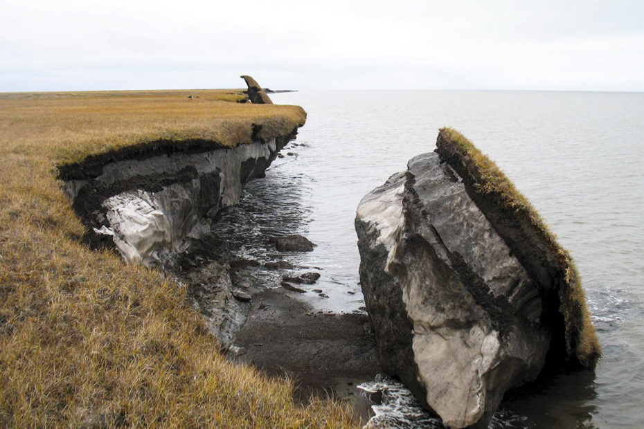 Bloc de permafrost en train de fondre sur le littoral de la toundra d'Alaska