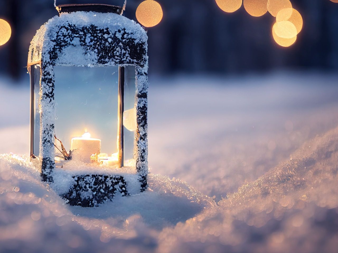 Photo de lanterne sur fond de neige, ambiance glaciale.