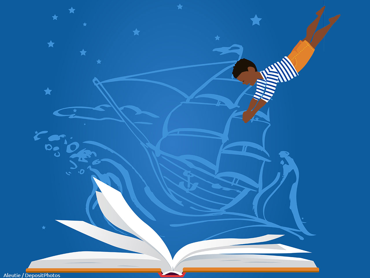Illustration d'un petit garçon plongeant dans un livre ouvert