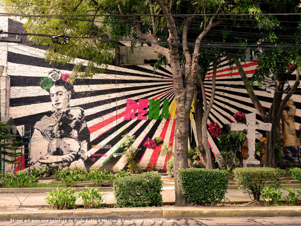 Street art avec une peinture de Frida Kahlo à Mexico