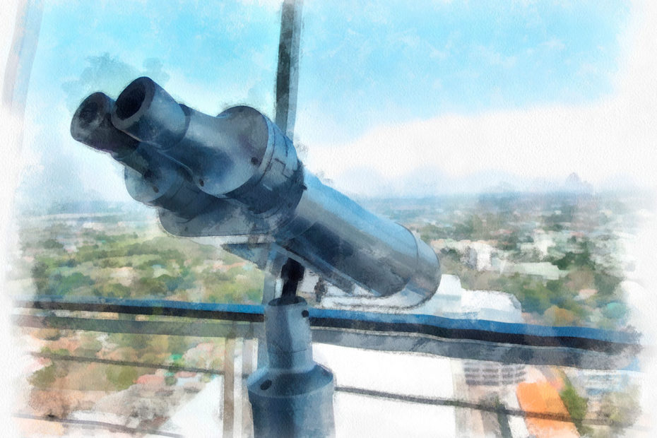 aquarelle d'une paire de longue vue pointée vers la ville