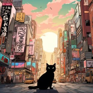Chat noir dans une rue au Japon, dessin style animé.