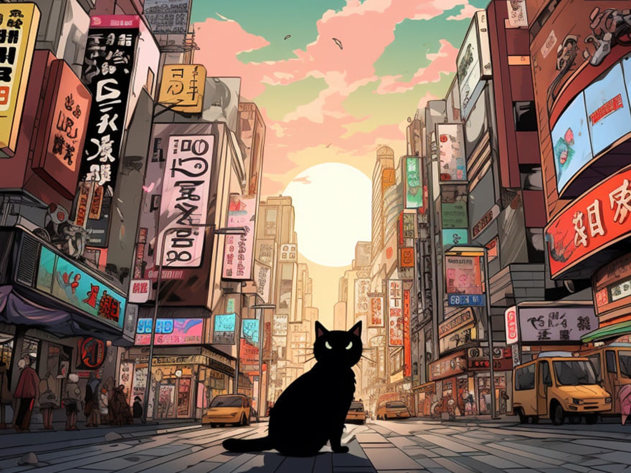 Chat noir dans une rue au Japon, dessin style animé.