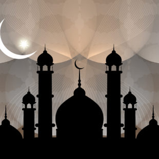 Illustration d'une mosquée avec un croissant de lune au centre.