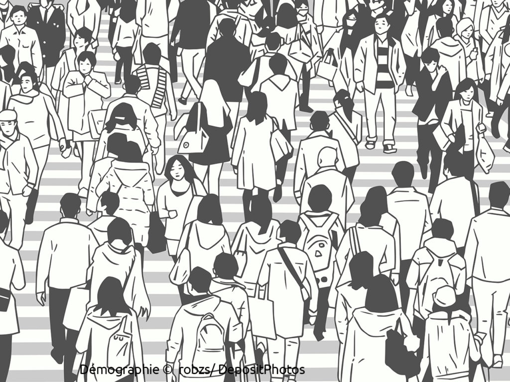 Illustration en noiur et blanc d'une foule de personnes dans la rue