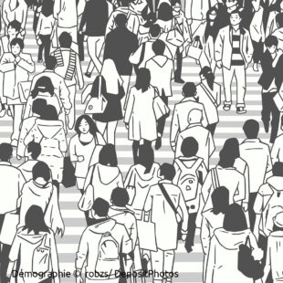 Illustration en noir et blanc d'une foule de personnes dans la rue
