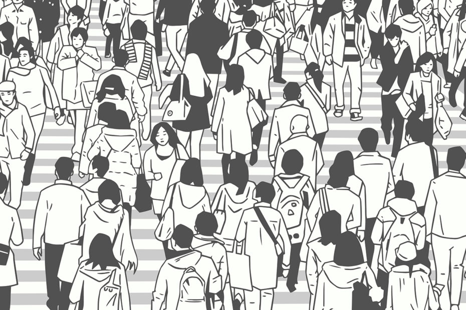 Illustration en noir et blanc d'une foule de personnes dans la rue