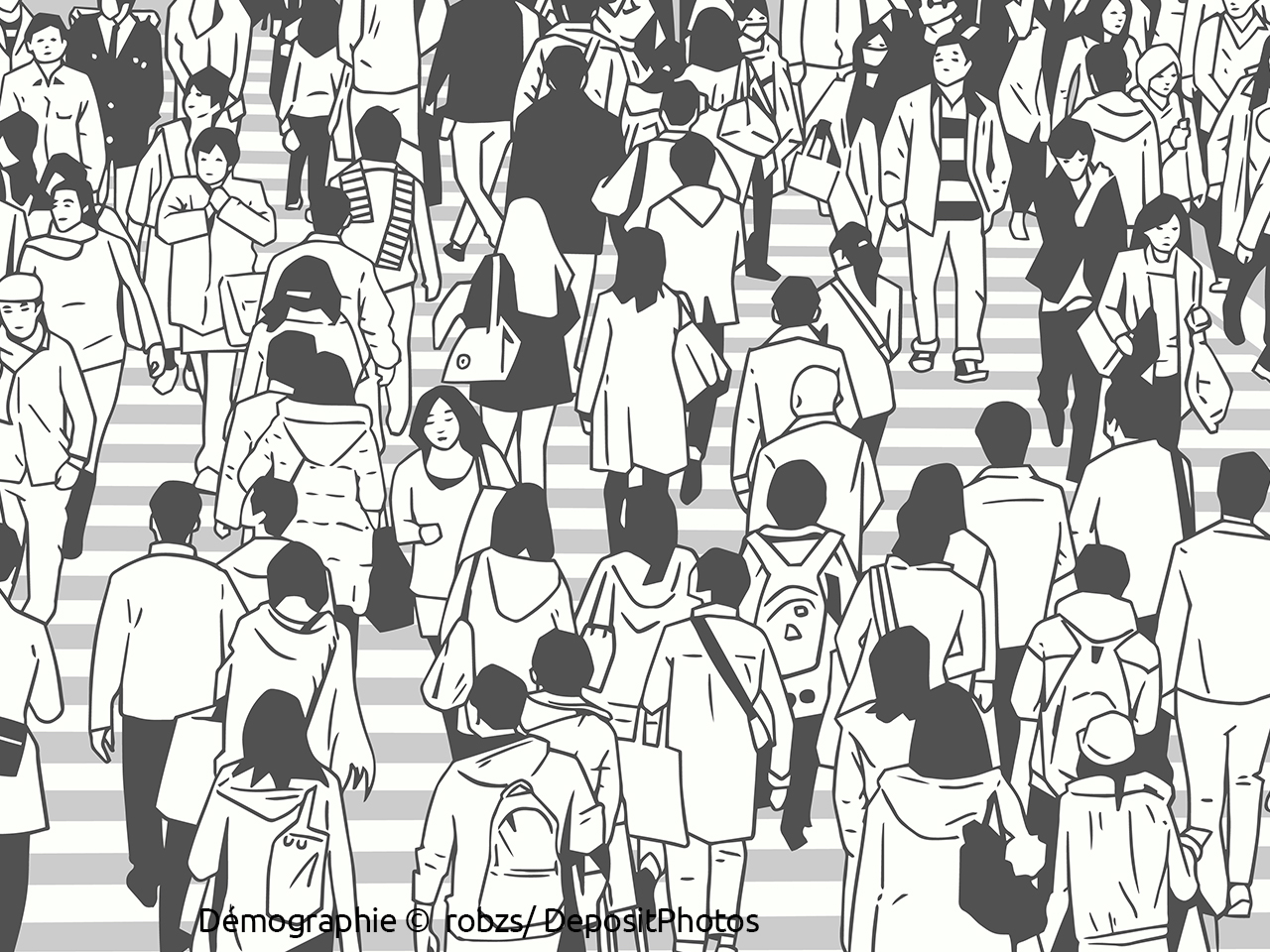 Illustration en noir et blanc d'une foule de personnes dans la rue