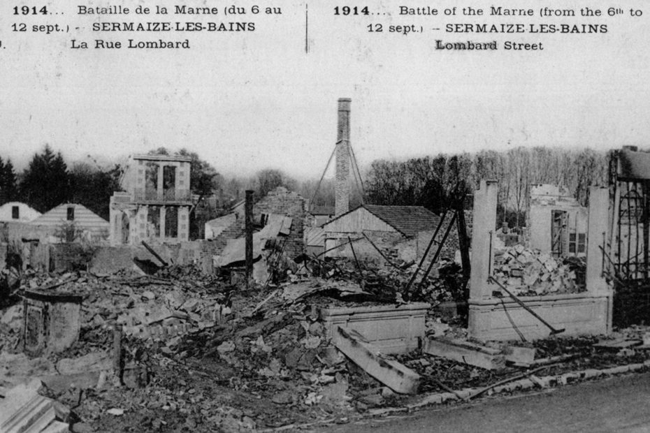 Carte postale de la rue Lombard à Sermaize-les-Bains après la Bataille de la Marne.