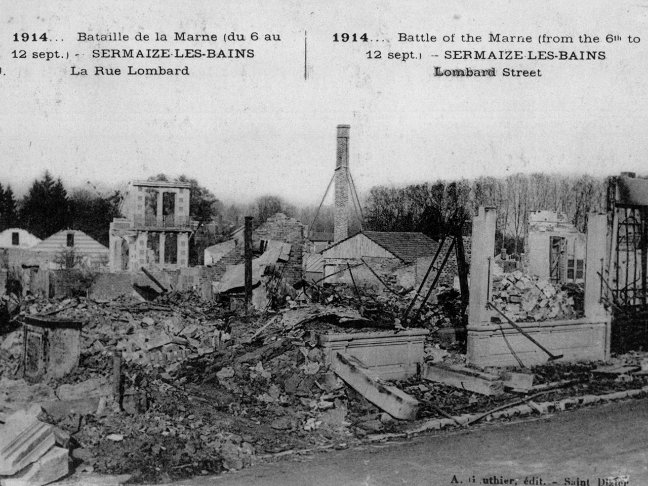 Carte postale de la rue Lombard à Sermaize-les-Bains après la Bataille de la Marne.