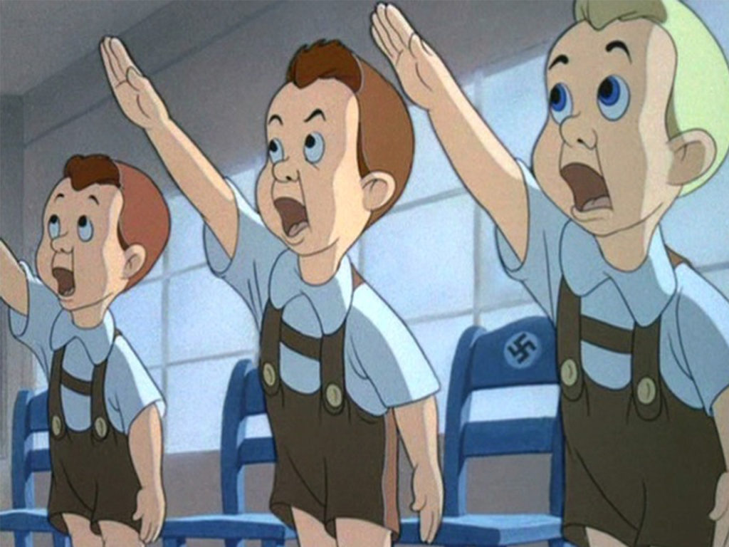 Personnages de dessin animés exécutant le salut nazi dans un dessin animé de propagande