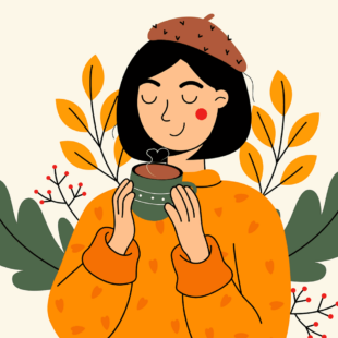 Dessin de femme portant un pull orange et buvant dans une tasse.