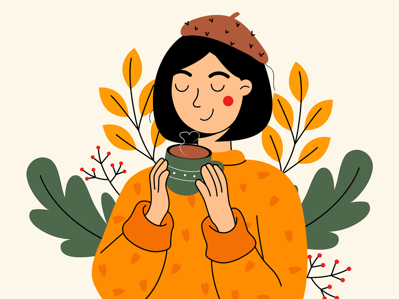 Dessin de femme portant un pull orange et buvant dans une tasse.