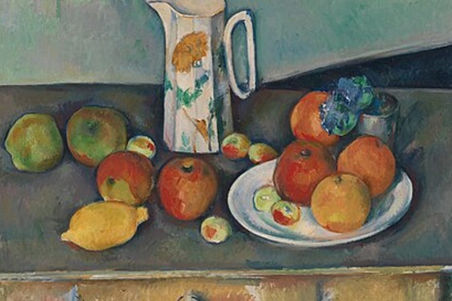Peinture : Tableau Nature morte, pot à lait et fruits sur une table