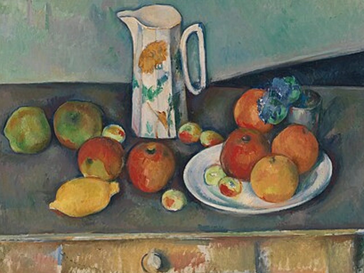 Nature morte, pot à lait et fruits sur une table de Paul Cézanne, Public domain, via Wikimedia Commons