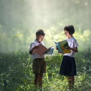 Enfants lisant dans la lumière d'une clairière