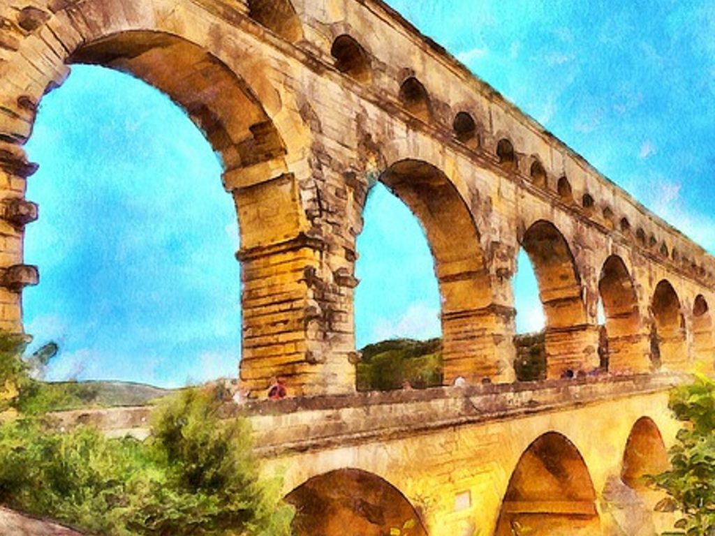 Représentation du Pont du Gard avec la technique de l'aquarelle
