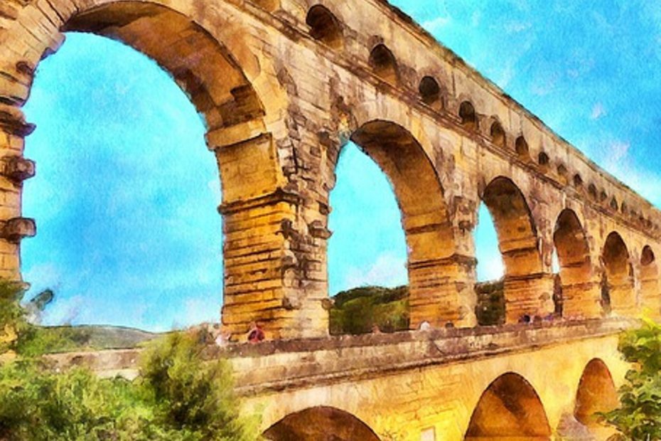 Représentation du Pont du Gard avec la technique de l'aquarelle