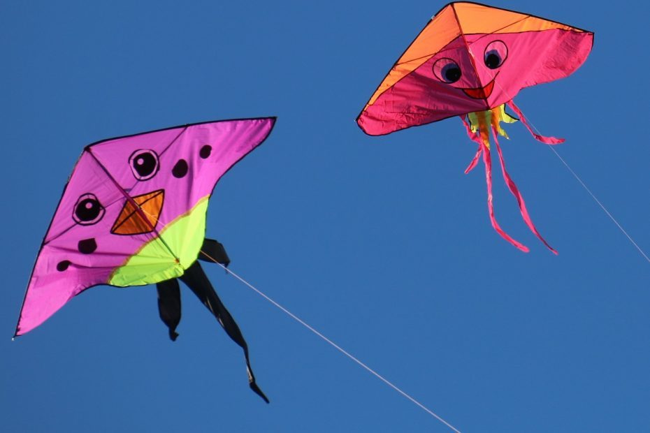 2 cerfs volants multicolores flottant dans un ciel bleu