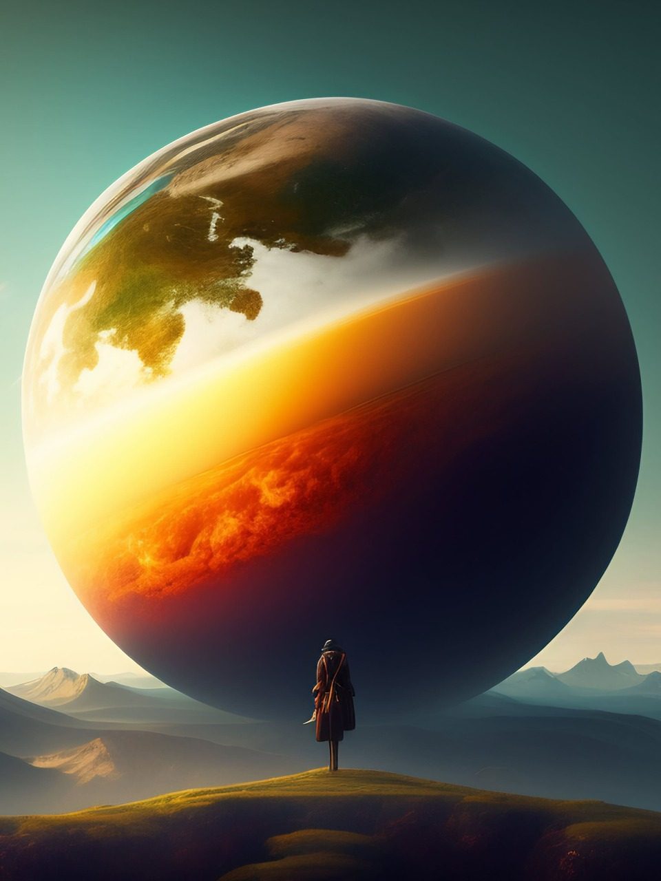 Image d'une femme sur une colline se tenant devant un grand globe, par Sketchepedia, sur freepik