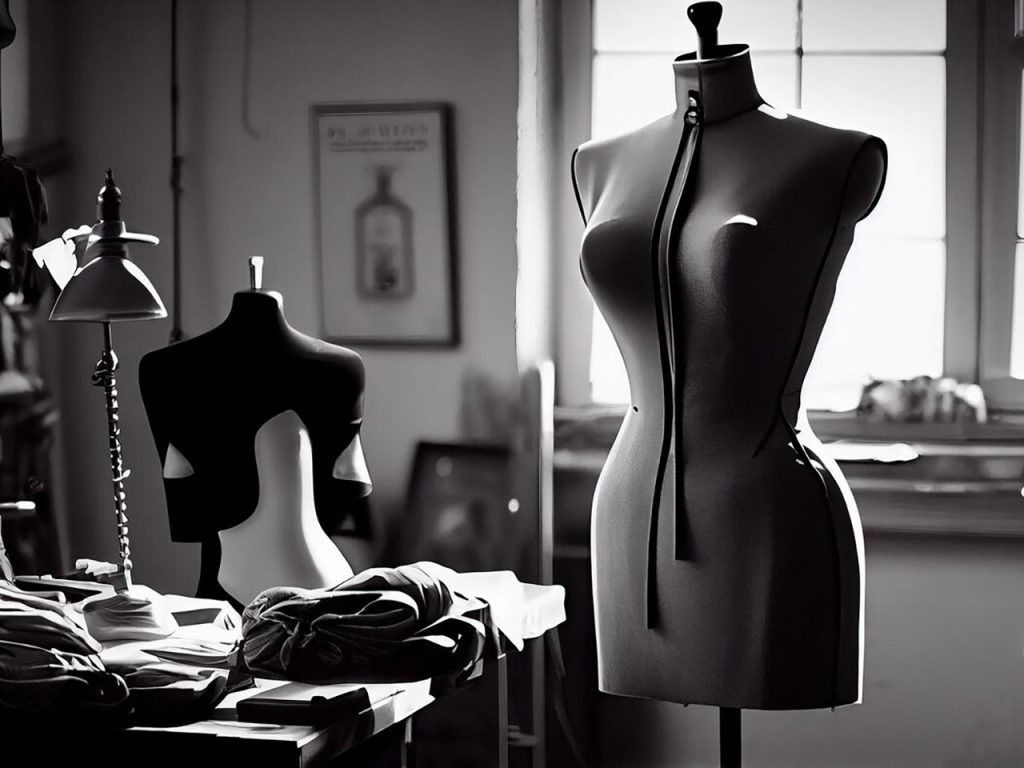 Image en noir et blanc d'un atelier de couture avec mannequin