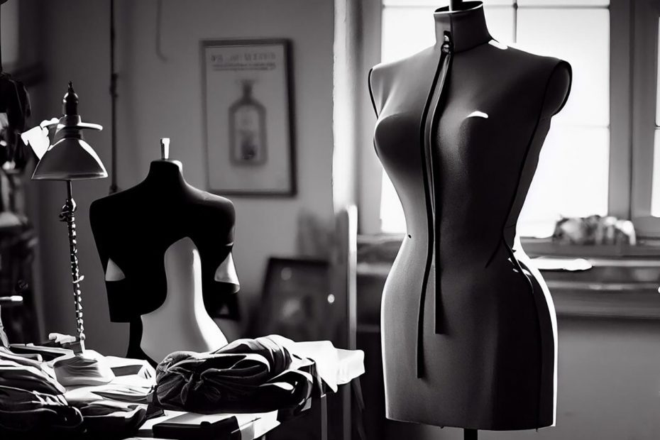 Image en noir et blanc d'un atelier de couture avec mannequin